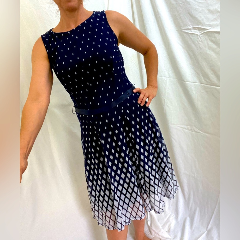 HAANI, Flowy, Layered A-Line Navy Diamond Dress, Size Medium Petite, NWT
